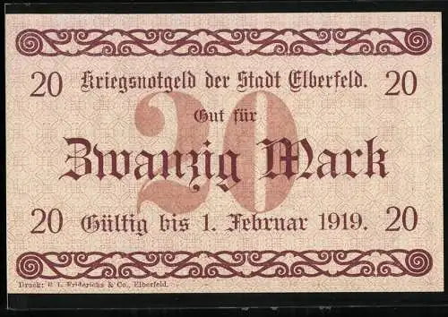 Notgeld Elberfeld, 1918, 20 Mark, Kriegsnotgeld der Stadt Elberfeld gültig bis 1. Februar 1919