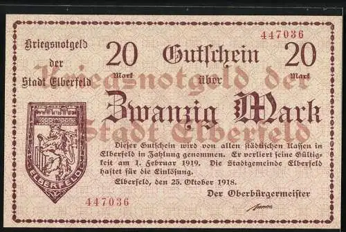 Notgeld Elberfeld, 1918, 20 Mark, Kriegsnotgeld der Stadt Elberfeld gültig bis 1. Februar 1919