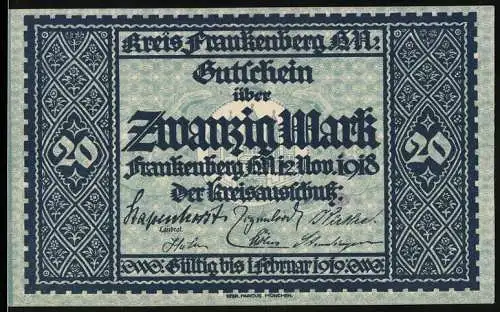 Notgeld Frankenberg 1918, 20 Mark, Gutschein mit Stadtansicht und Verlängerung 1922