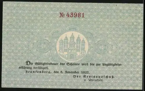 Notgeld Frankenberg 1918, 20 Mark, Gutschein über Zwanzig Mark mit Seriennummer 43981, gültig bis 1922