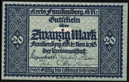 Notgeld Frankenberg 1918, 20 Mark, Gültig bis 1922, dunkelblaues Design mit Stadtansicht und Unterschriften