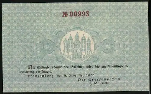 Notgeld Frankenberg 1918, 20 Mark, Gültig bis 1922, dunkelblaues Design mit Stadtansicht und Unterschriften