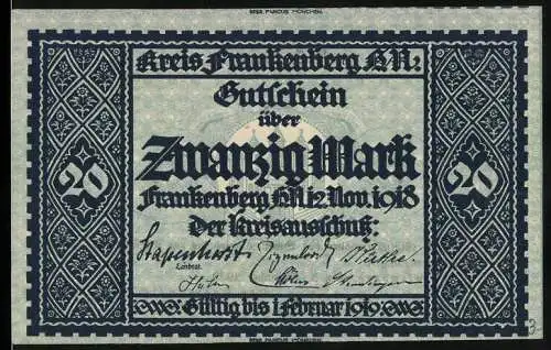 Notgeld Frankenberg 1918, 20 Mark, Gutschein mit Gültigkeitsverlängerung bis 1922, Nr. 19994, Stadtansicht