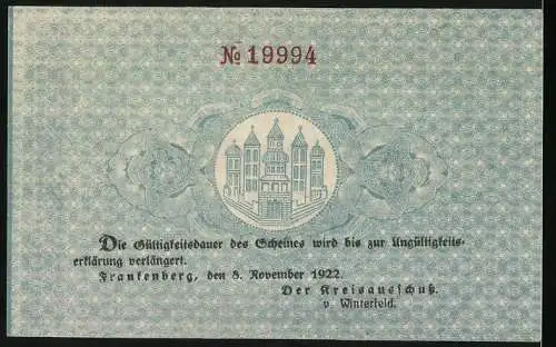 Notgeld Frankenberg 1918, 20 Mark, Gutschein mit Gültigkeitsverlängerung bis 1922, Nr. 19994, Stadtansicht