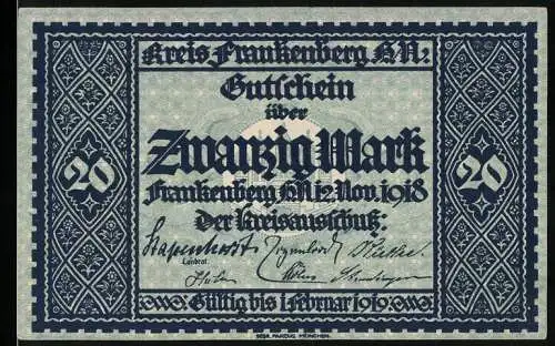 Notgeld Frankenberg 1918, 20 Mark, Blaues Muster mit Signaturen und Verlängerung bis 1922