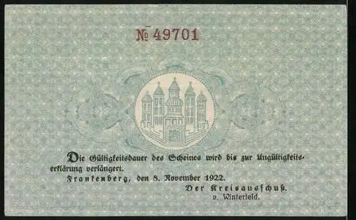 Notgeld Frankenberg 1918, 20 Mark, Blaues Muster mit Signaturen und Verlängerung bis 1922