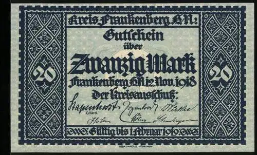 Notgeld Frankenberg 1918, 20 Mark, Kreis Frankenberg Gutschein bis 1922 verlängert