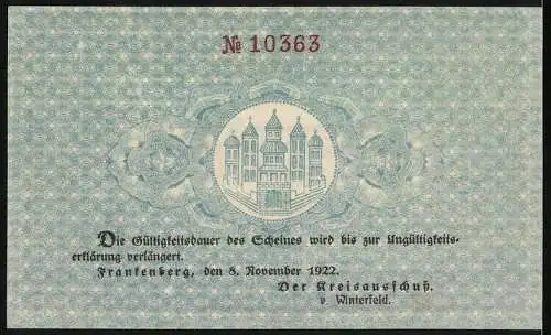 Notgeld Frankenberg 1918, 20 Mark, Kreis Frankenberg Gutschein bis 1922 verlängert