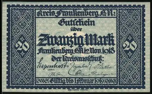 Notgeld Frankenberg 1918, 20 Mark, Gutschein über Zwanzig Mark der Kreis Frankenberg mit Verlängerung 1922