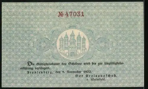 Notgeld Frankenberg 1918, 20 Mark, Gutschein über Zwanzig Mark der Kreis Frankenberg mit Verlängerung 1922