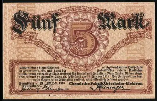 Notgeld Frankfurt a.M., 1918, 5 Mark, Chemische Fabrik Griesheim-Elektron, braun-rot gestaltet