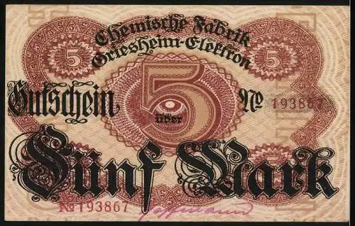 Notgeld Frankfurt a.M., 1918, 5 Mark, Chemische Fabrik Griesheim-Elektron, braun-rot gestaltet