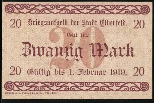 Notgeld Elberfeld 1918, 20 Mark, Kriegsnotgeld Gültig bis 1. Februar 1919