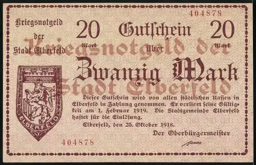 Notgeld Elberfeld 1918, 20 Mark, Kriegsnotgeld Gültig bis 1. Februar 1919