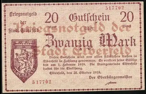 Notgeld Elberfeld 1918, 20 Mark, Gutschein der Stadt Elberfeld gültig bis 1. Februar 1919