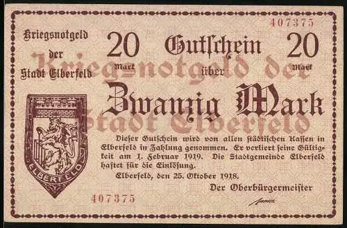 Notgeld Elberfeld 1918, 20 Mark, Kriegsnotgeld der Stadt Elberfeld, gültig bis 1. Februar 1919