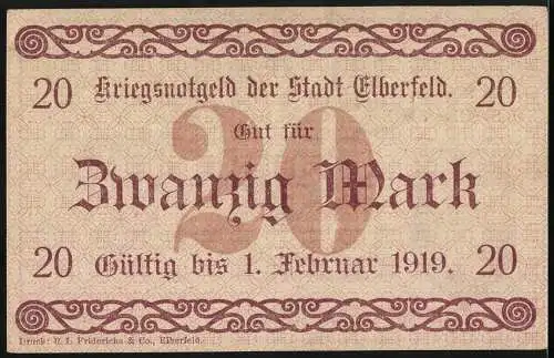 Notgeld Elberfeld 1918, 20 Mark, Kriegsnotgeld der Stadt Elberfeld, gültig bis 1. Februar 1919