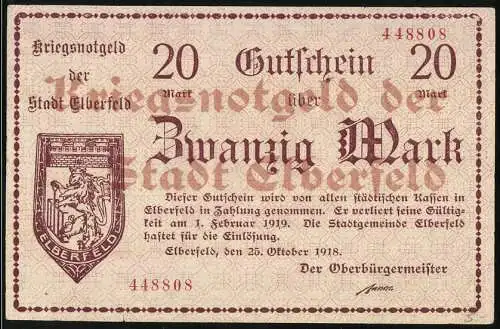 Notgeld Elberfeld, 1918, 20 Mark, Kriegsnotgeld der Stadt Elberfeld, gültig bis 1. Februar 1919