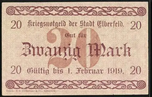 Notgeld Elberfeld, 1918, 20 Mark, Kriegsnotgeld der Stadt Elberfeld, gültig bis 1. Februar 1919