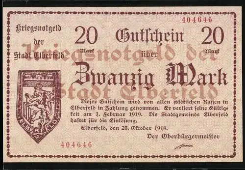 Notgeld Elberfeld 1918, 20 Mark, Kriegsnotgeld der Stadt Elberfeld, gültig bis 1. Februar 1919