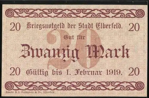 Notgeld Elberfeld 1918, 20 Mark, Kriegsnotgeld der Stadt Elberfeld, gültig bis 1. Februar 1919