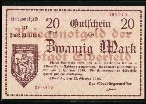 Notgeld Elberfeld, 1918, 20 Mark, Gutschein der Stadt Elberfeld gültig bis 1. Februar 1919