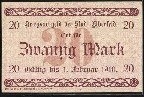 Notgeld Elberfeld, 1918, 20 Mark, Gutschein der Stadt Elberfeld gültig bis 1. Februar 1919