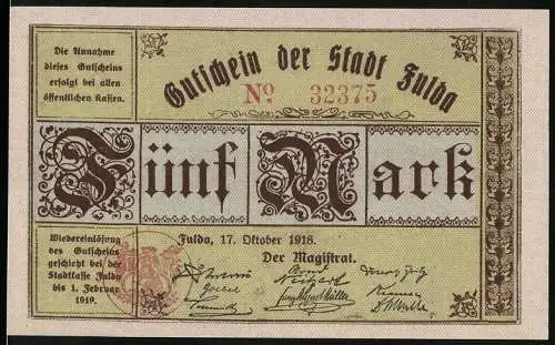 Notgeld Fulda 1918, 5 Mark, Gutschein der Stadt Fulda, Nr. 32375, beige und grün mit dekorativen Mustern