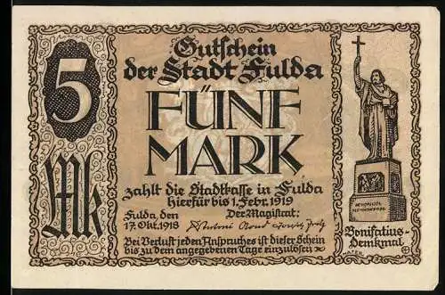 Notgeld Fulda, 1918, 5 Mark, Gutschein der Stadt Fulda, Bonifatius-Denkmal und Ansicht aus dem Schlossgarten