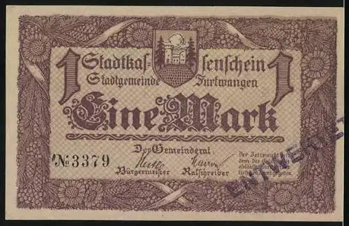 Notgeld Furtwangen 1918, 1 Mark, Stadtkassenschein mit Uhrmacher und Landschaftsszene