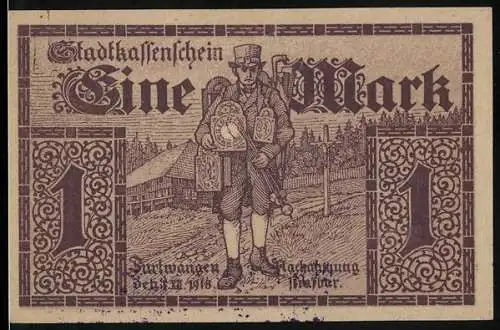 Notgeld Furtwangen 1918, Eine Mark, Stadtgemeinde Schramberg, Uhrmacher mit Zunftzeichen und Landschaft