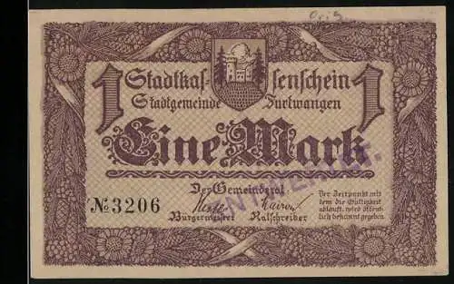 Notgeld Furtwangen, 1918, Eine Mark, Stadtkassenschein mit Uhrenträger und Stadtwappen