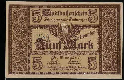 Notgeld Furtwangen, 5 Mark, Stadtkassenschein mit Stadtansicht und Wappen, Entwertet, Nachahmung strafbar