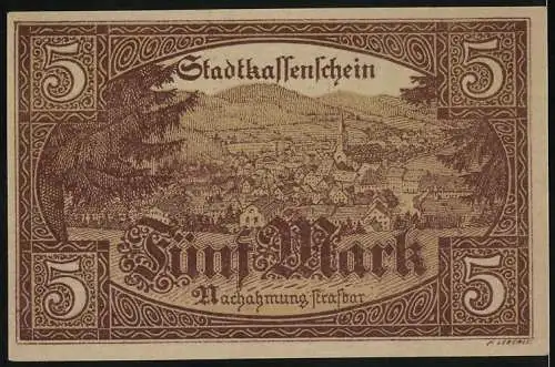 Notgeld Furtwangen, 5 Mark, Stadtkassenschein mit Stadtansicht und Wappen, Entwertet, Nachahmung strafbar