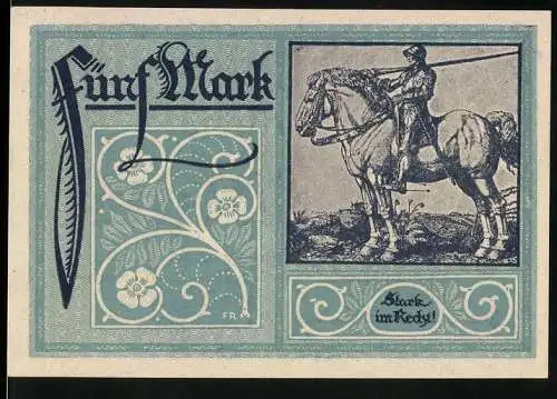 Notgeld Frankfurt am Main, 1918, 5 Mark, Ritter auf Pferd, Stadtwappen und Gültigkeitsvermerk