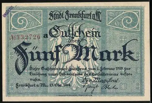 Notgeld Frankfurt am Main, 1918, 5 Mark, Ritter auf Pferd, Stadtwappen und Gültigkeitsvermerk