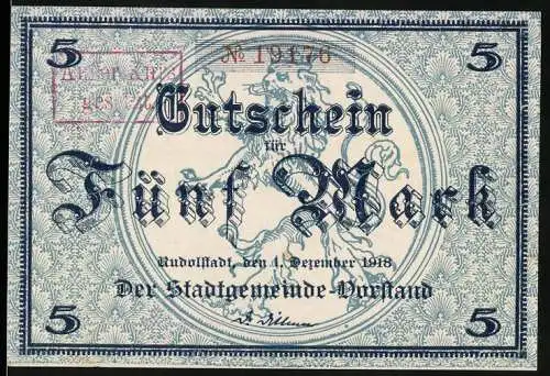 Notgeld Rudolstadt 1918, 5 Mark, Gutschein mit Kindern auf der Rückseite