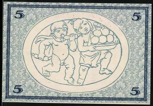 Notgeld Rudolstadt, 1918, 5 Mark, Gutschein für Fünf Mark, Kinder mit Früchten