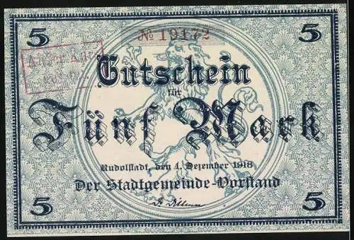 Notgeld Rudolstadt, 1918, 5 Mark, Gutschein für Fünf Mark, Kinder mit Früchten