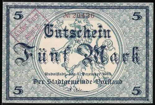 Notgeld Rudolstadt 1918, 5 Mark, Kinder mit Essen und Flöte, Stadtgemeinde Wappen und Unterschriften