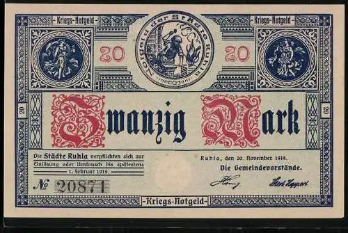 Notgeld Ruhla, 1918, 20 Mark, Kriegs-Notgeld mit Stadtwappen und Inschrift Landgraf, werde hart!