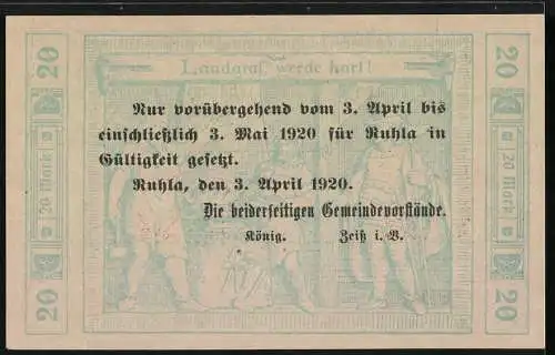 Notgeld Ruhla, 1918, 20 Mark, Kriegs-Notgeld mit Stadtwappen und Inschrift Landgraf, werde hart!