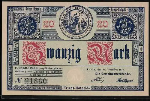 Notgeld Ruhla 1918, 20 Mark, Vorderseite mit Stadtwappen und Text, Rückseite mit Historischer Szene