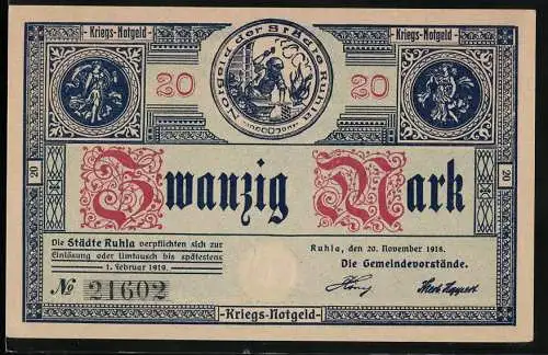 Notgeld Ruhla, 1918, 20 Mark, Kriegs-Notgeld Stadtwappen und Schmiedeszene, Landgrafenspruch `Landgraf, werde hart`