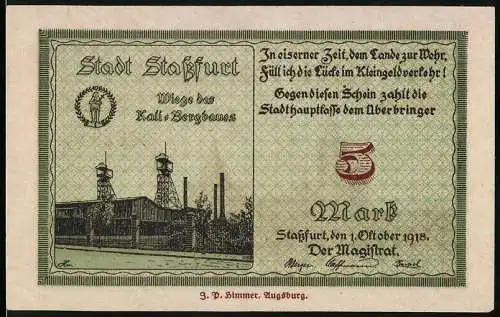 Notgeld Stassfurt 1918, 5 Mark, Stadtansicht und Bergbauanlagen