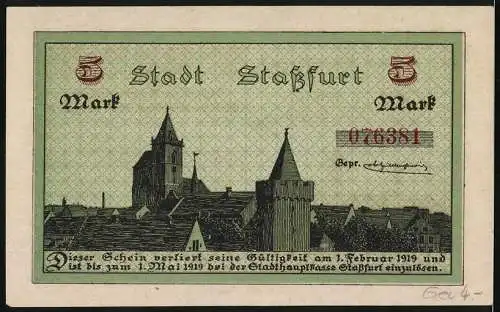 Notgeld Stassfurt 1918, 5 Mark, Stadtansicht und Bergbauanlagen