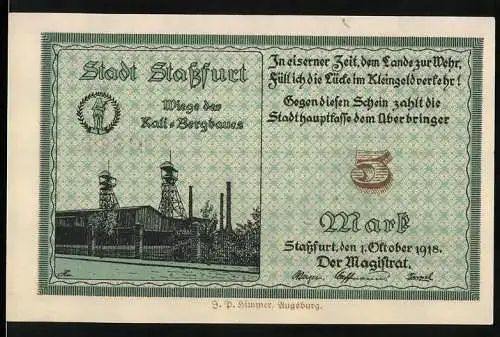 Notgeld Stassfurt, 1918, 5 Mark, Bergbauanlage und Stadtansicht