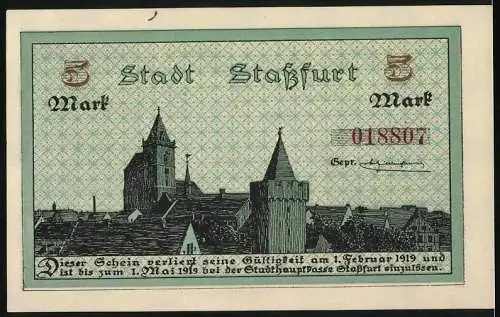 Notgeld Stassfurt, 1918, 5 Mark, Bergbauanlage und Stadtansicht