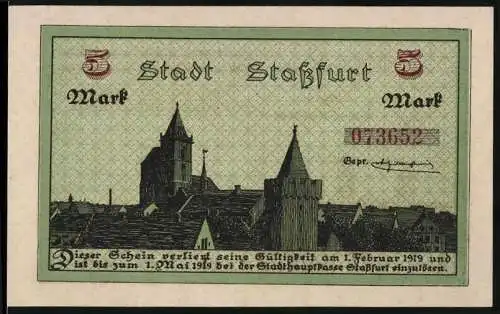 Notgeld Stassfurt, 1918, 5 Mark, Stadtansicht und Kali-Bergbau, Seriennummer 073652