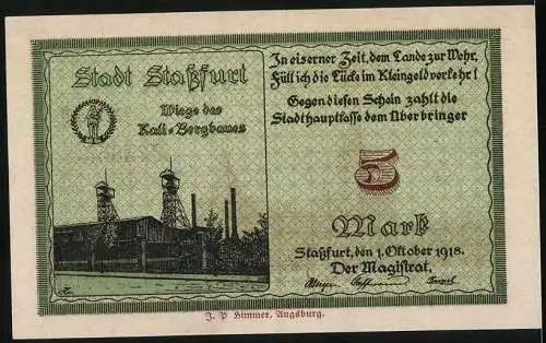 Notgeld Stassfurt, 1918, 5 Mark, Stadtansicht und Kali-Bergbau, Seriennummer 073652